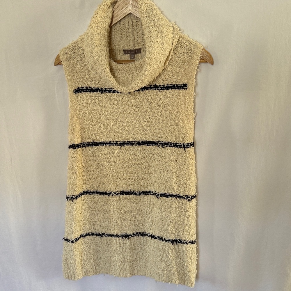Lilla P Cream Sleeveless Cowl Neck Sweater with Black Stripes
